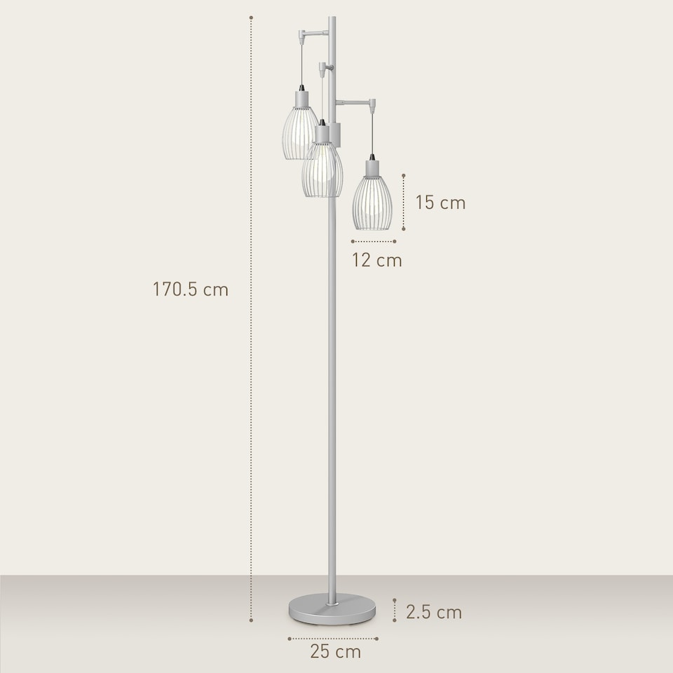 image 1 of HOMCOM Industrial 3-Light Floor Lamp Dimmable Standing Lamp, Silver Tone
