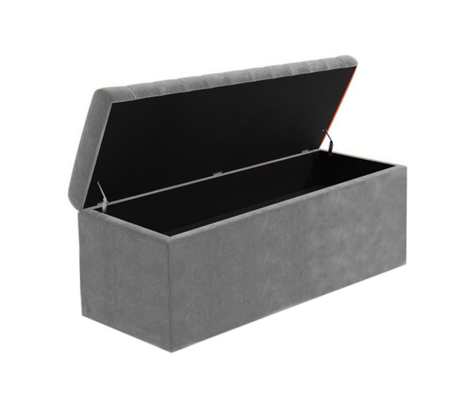 image 1 of 90cm Safar Large Striped Storage Ottoman Box, Grey Plush Velvet Upholstered Deep Storage Ottoman End of Bed Bench