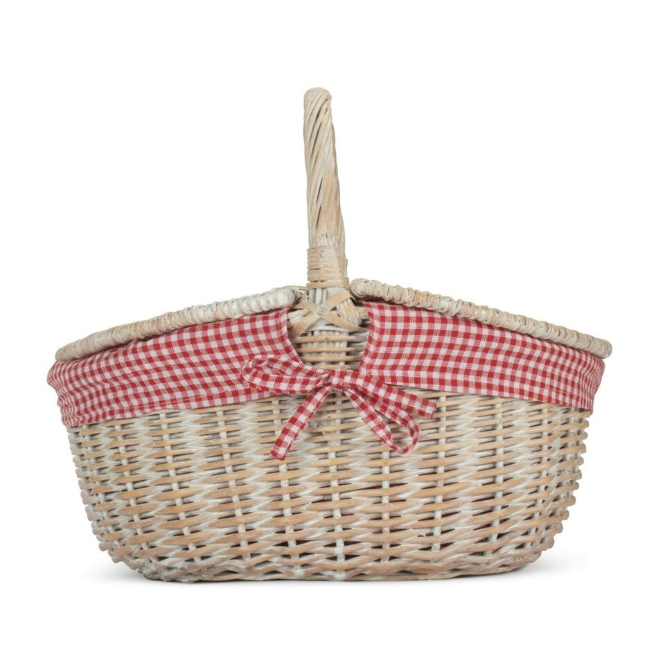 image 1 of White Wash Finish Oval Wicker Picnic Basket With White Lining | White | White | S