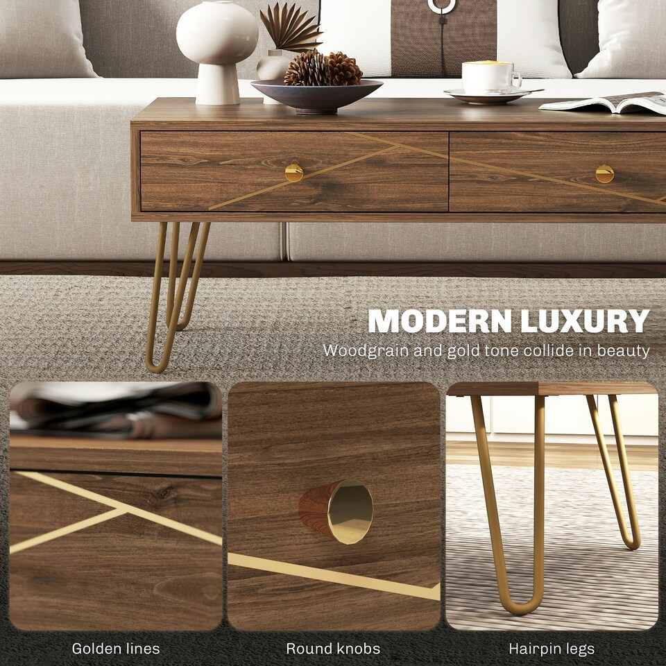 image 1 of HOMCOM Coffee Table with Drawers, Living Room Table with Steel Base Brown
