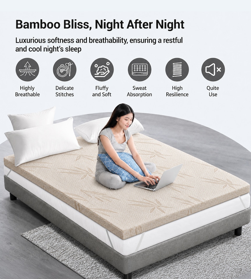 image 1 of Bamboo Memory Foam Mattress Topper I Cooling, Supportive & Hypoallergenic Bed Topper 1" (2.5cm) (150 x 200 x 2.5)