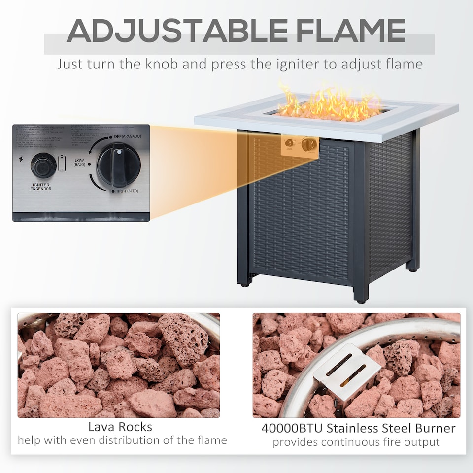image 1 of Outsunny Square Propane Gas Fire Pit Table, 40000 BTU Rattan Smokeless Firepit Patio Heater with Lava Rocks and Lid, 71cm x 71cm x 62cm, Black