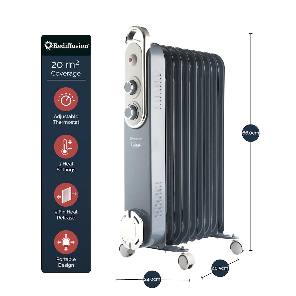 image 1 of Rediffusion Vintage 9 Fin Oil Filled Radiator 2KW Slate Blue