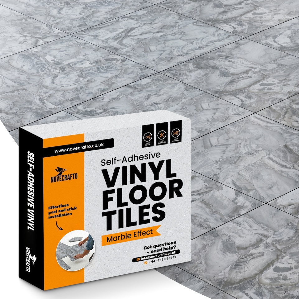 image 1 of NOVECRAFTO Vinyl Floor Tiles Self Adhesive – 12x12in Peel and Stick Flooring for Kitchen, Bathroom & Living Room – Charcoal Marble Flow Design | Grey | 4.65 sqm