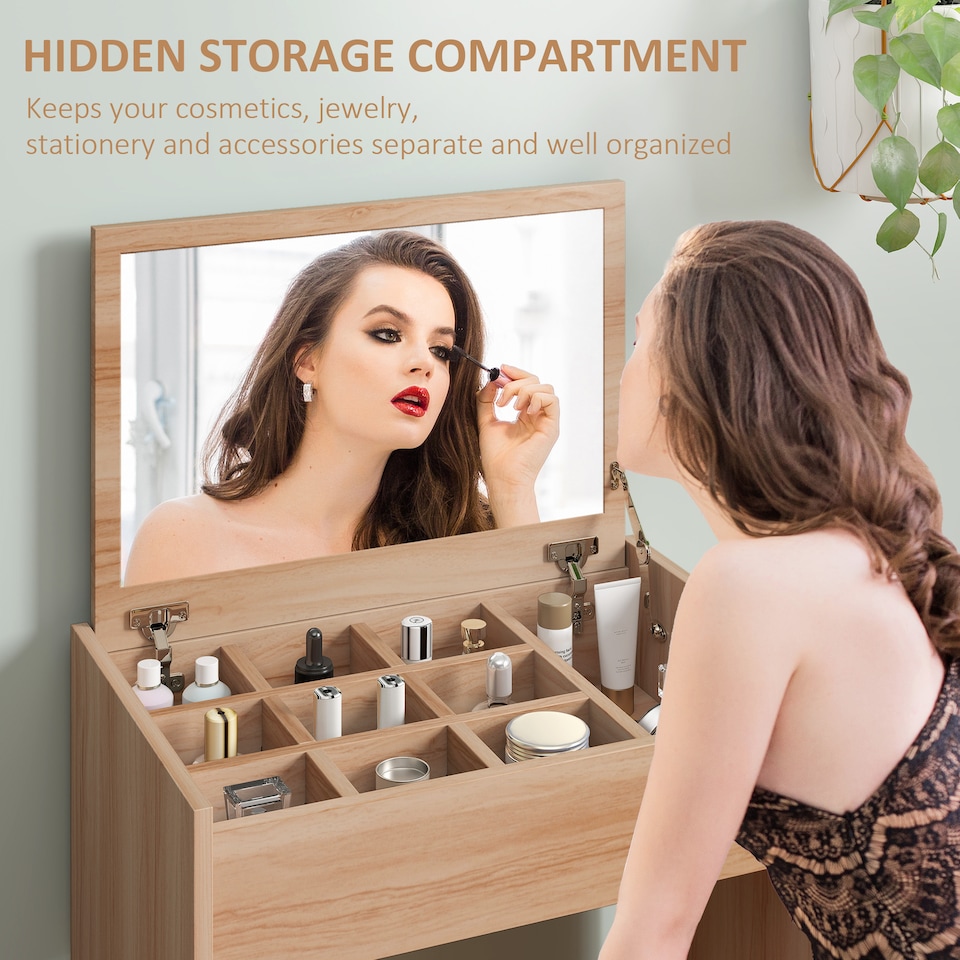 image 1 of HOMCOM Dressing Table Set Cushioned Stool Flip-up Mirror Chipboard - Wood Grain