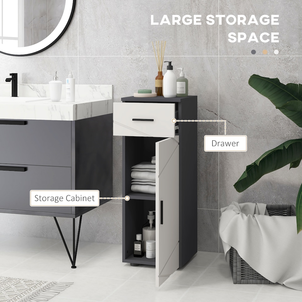 image 1 of kleankin Slim Bathroom Cabinet, Narrow Bathroom Storage Cabinet with Drawer, Door Cupboard, Adjustable Shelf and Soft Close Mechanism, Grey