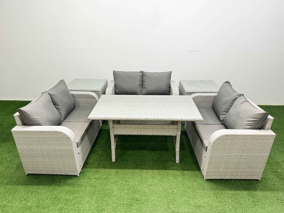 image 1 of Fimous  6 Seater PE Wicker Rattan Furniture Sofa Sets with Rectangular Dining Table 2 Seater Love Sofa 2 Side Table Light Grey