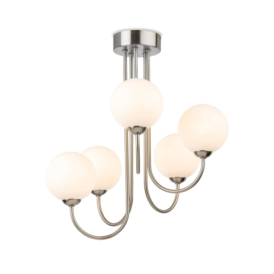Lyndon 5 Light Globe Flush Fitting Brushed Steel with Opal White Glass