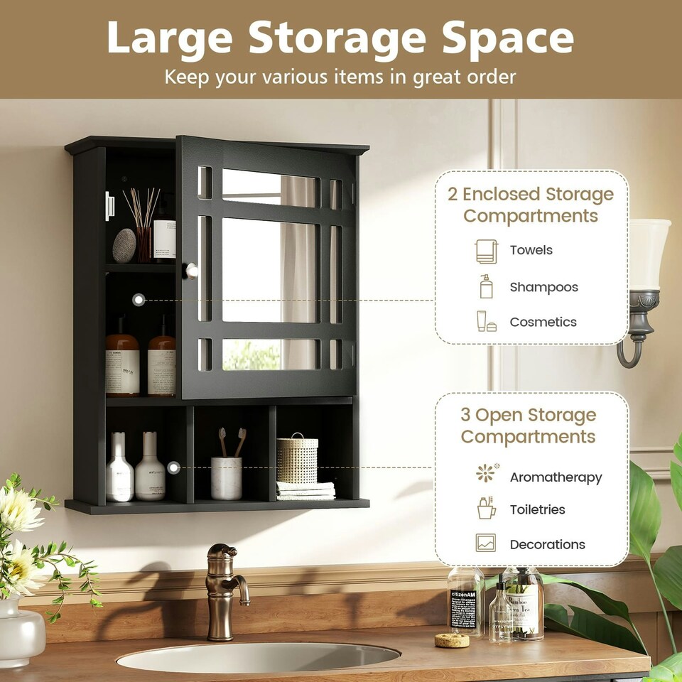 image 1 of COSTWAY Bathroom Wall Storage Cabinet Medicine Organizer Black Black
