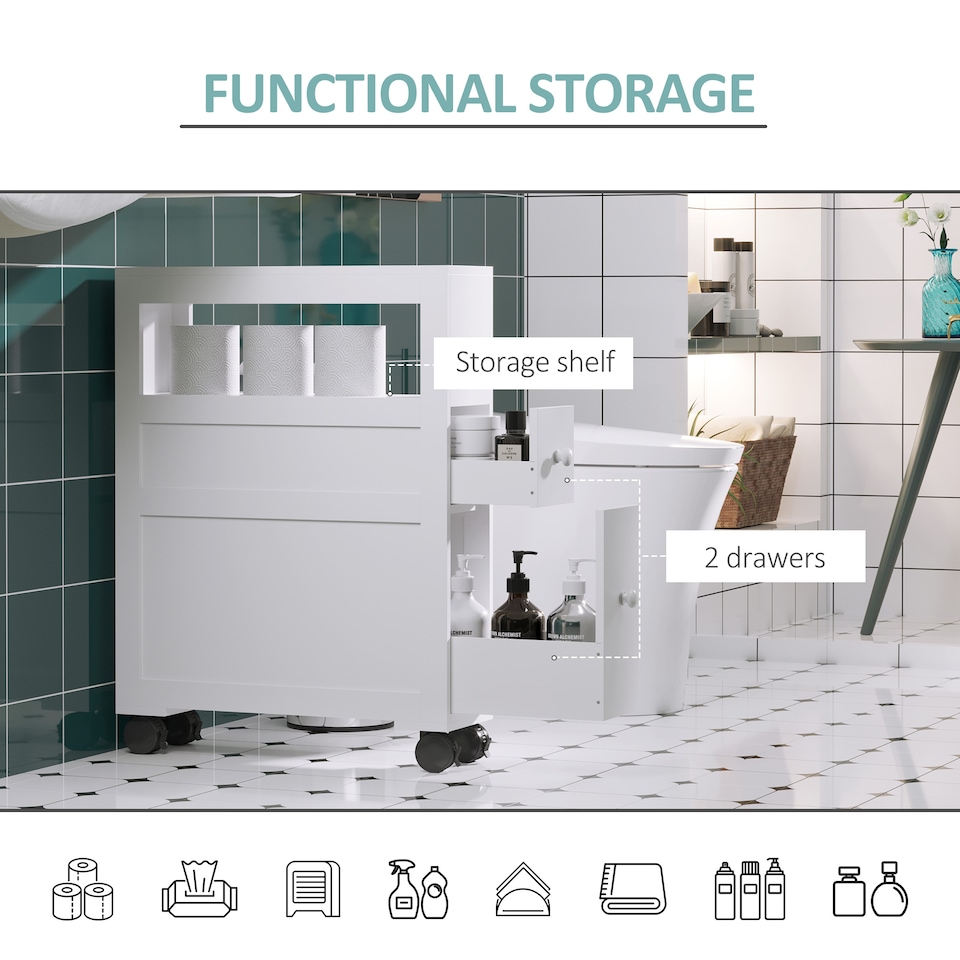 image 1 of HOMCOM 72x16cm Narrow Bathroom Storage Unit w  2 Drawers Open Top 4 Wheels Slimline Modern Rolling Home Organisation | White | White
