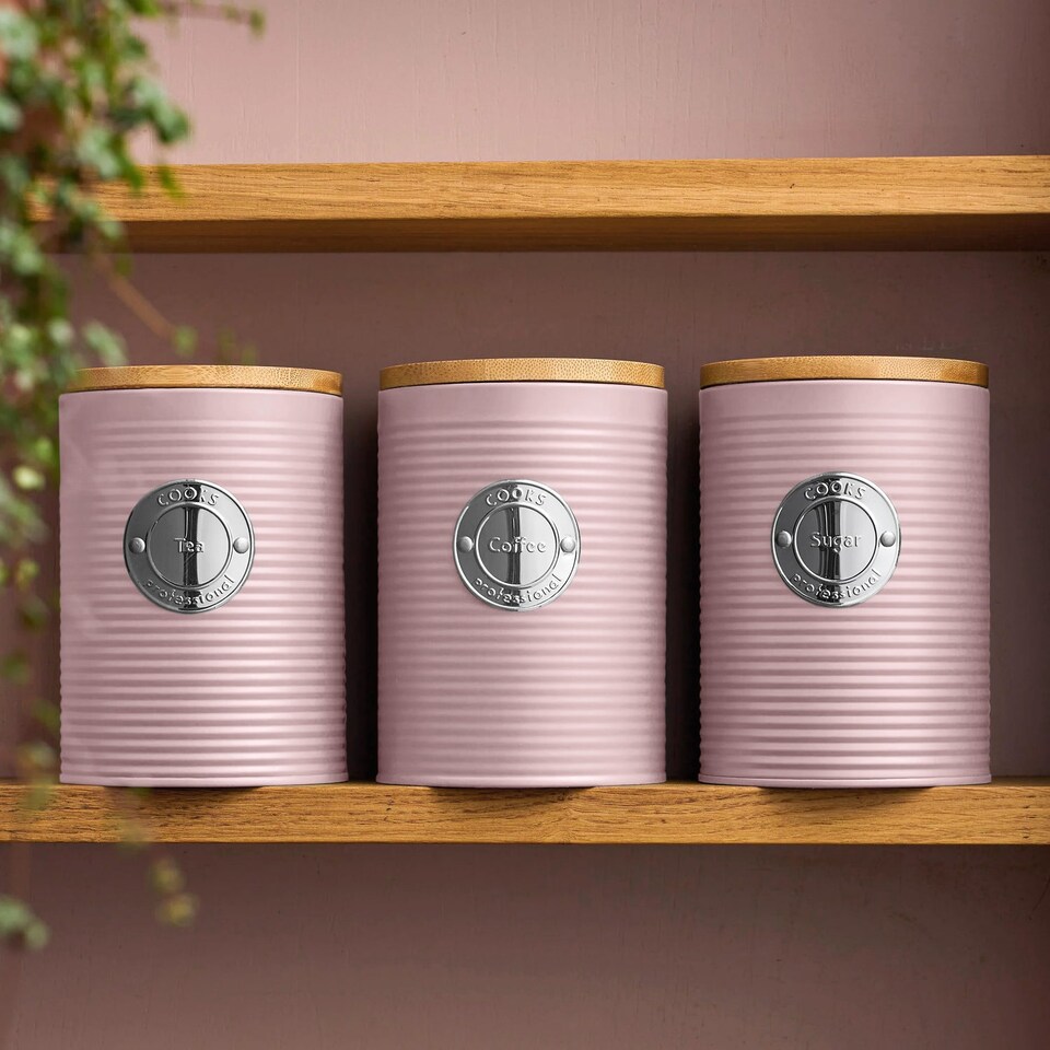 image 1 of Cooks Professional 3 Piece Ribbed Tea, Coffee, & Sugar Cannisters with Bamboo Lids | Pink | Pink & Silver