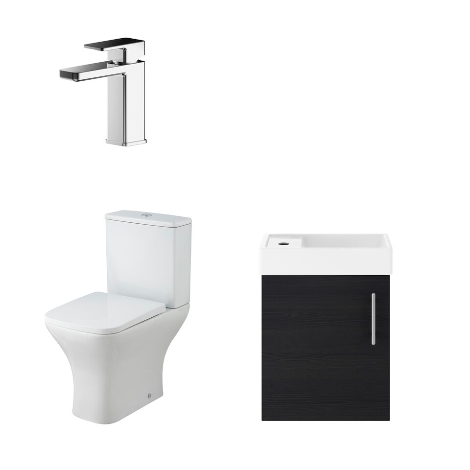 image 1 of Balterley Saint Cloakroom Set - Wall Hung Vanity Basin Unit, Toilet Pan, Cistern, Seat & Mini Basin Tap - Balterley | Grey | Black Woodgrain | 520.0000 x 405.0000 x 222.0000mm