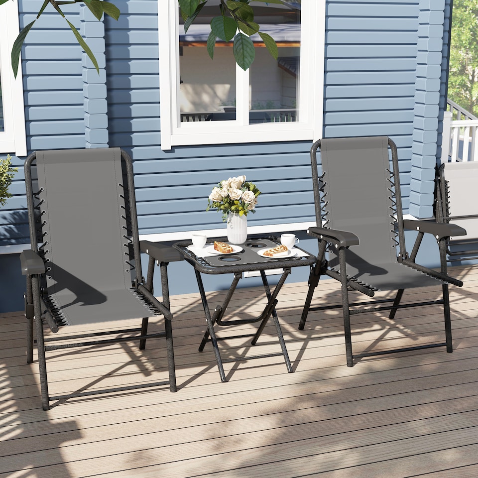 image 1 of Outsunny 3 Pieces Garden Bistro Set, Folding Table and Chairs Set, Metal Garden Furniture Set with Cup Holders for Outdoor, Patio, Balcony, Dark Grey | Grey