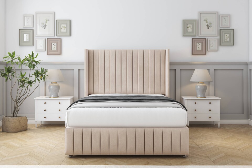 image 1 of Sloomy Marlborough Sand Naples Divan Bed With Mattress 2 Drawers Footend With 54" Wingback Headboard & 12" Matching Footboard 6' Super King | Cream | Sand | Super King | 1