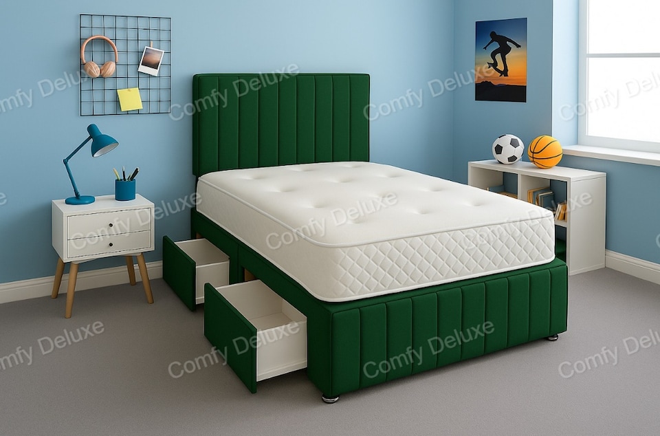 Green Plush 6ft Superking  Divan Bed Set Headboard & Footboard - 2 Drawers Right Side Laying in Bed