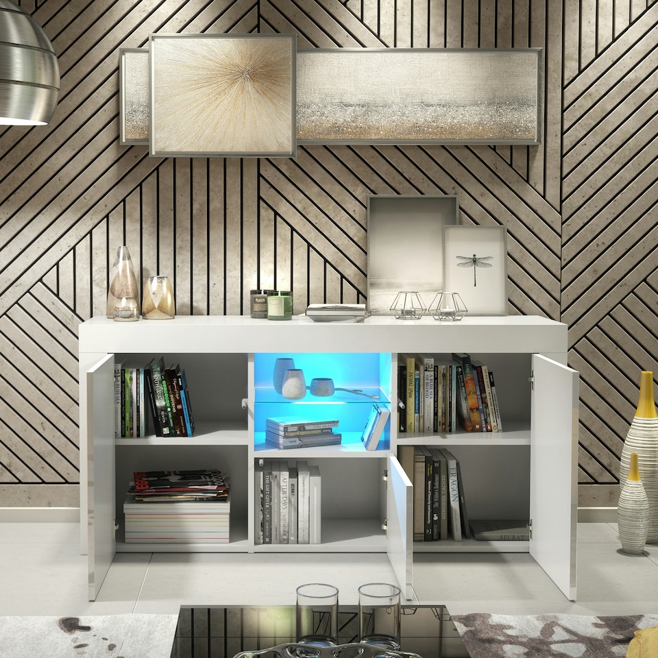 image 1 of White TV Unit 145cm Gloss Doors Free LED Modern Media Cabinet White