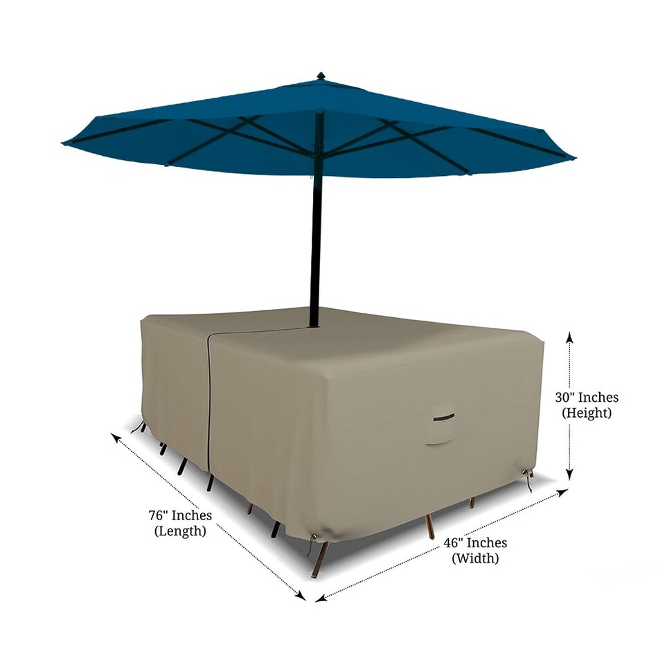 image 1 of Covers&All Rectangle Table & Chair Set Cover, Umbrella Hole, 12 Oz Waterproof UV & Weather Resistant, 76 ft ft L x 46 ft ft W x 30 ft ft H, Beige
