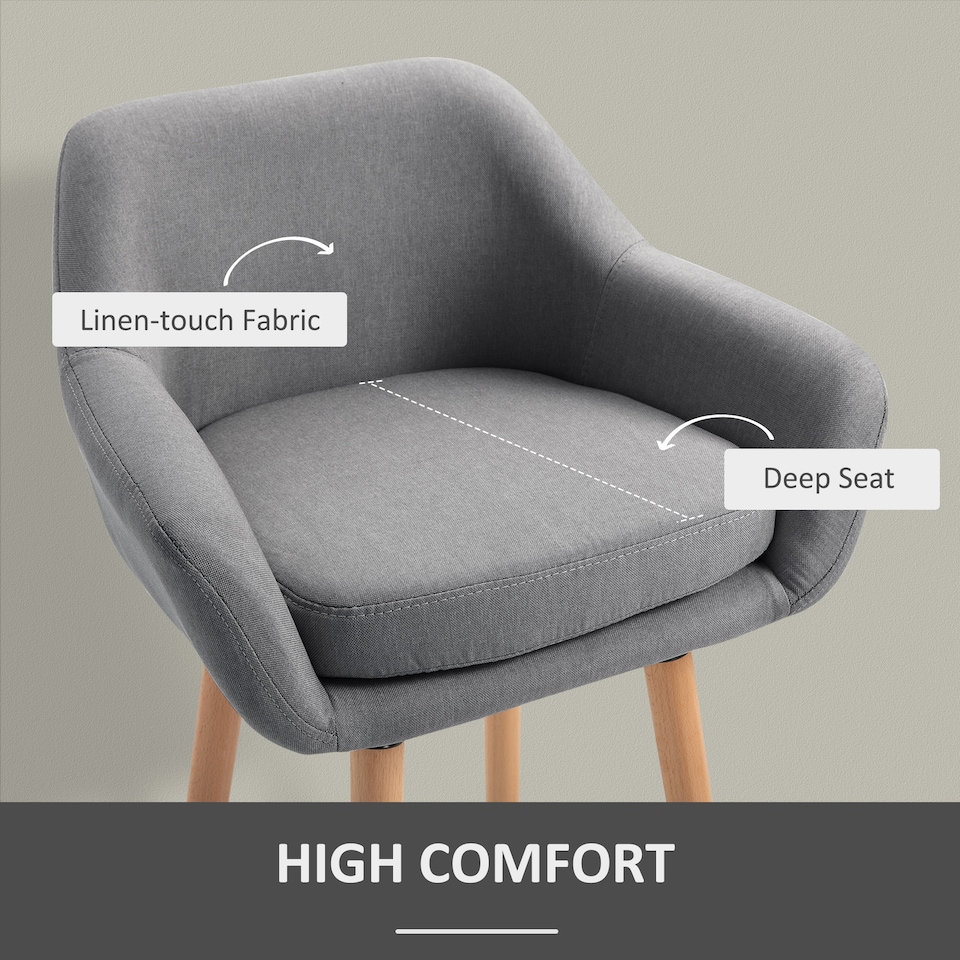 image 1 of HOMCOM Set of 2 Bar Stools Modern Upholstered Seat Bar Chairs with Metal Frame, Solid Wood Legs Living Room Dining Room Fabric Furniture - Grey