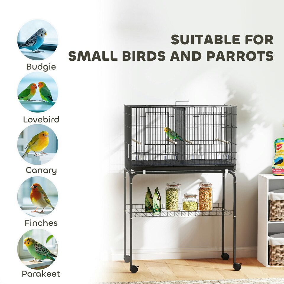 image 1 of PawHut Bird Cage with Divider, 4 Wooden Perches, Slide Out Tray, Black
