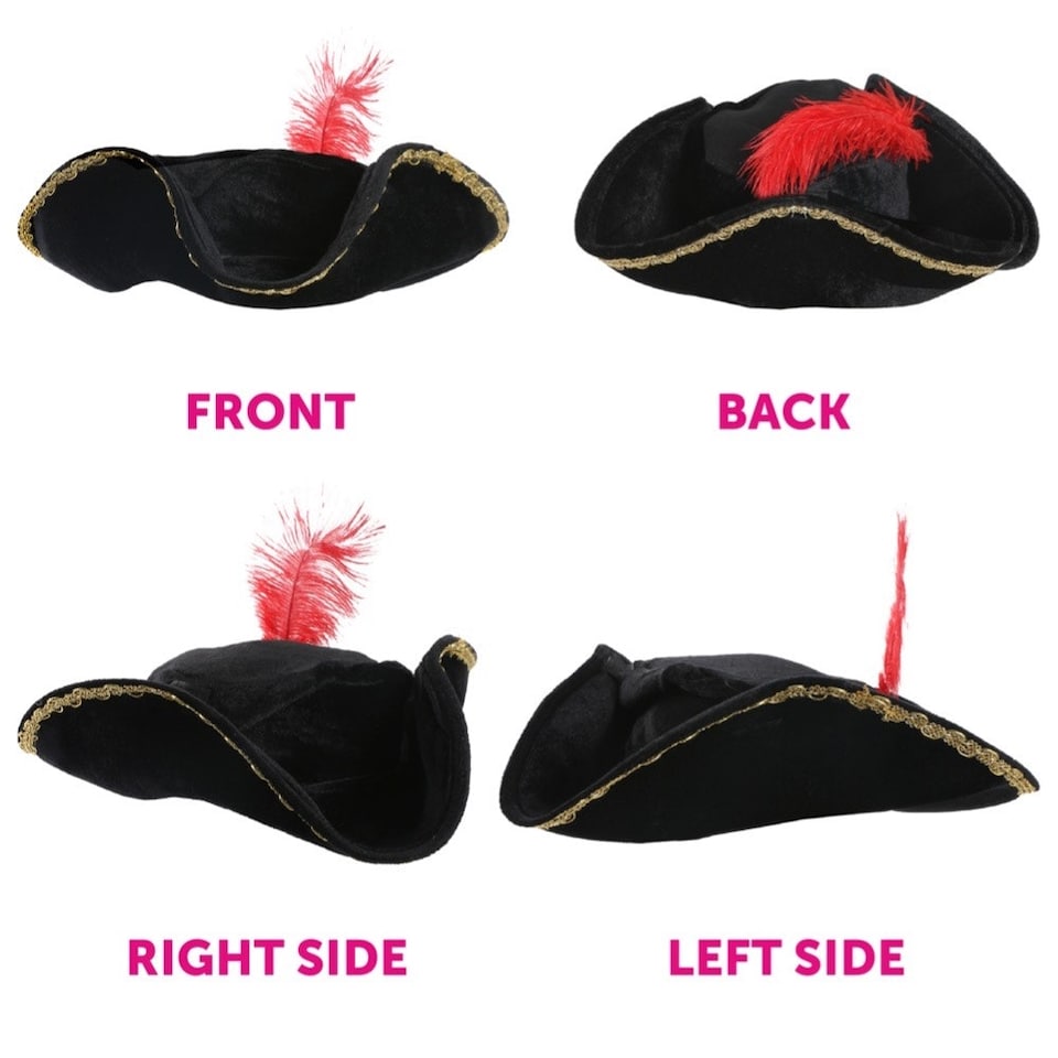 image 1 of Highway Man Costume - Gold Trim Feather Tricorn Hat, Nose & Mask Black | One Size