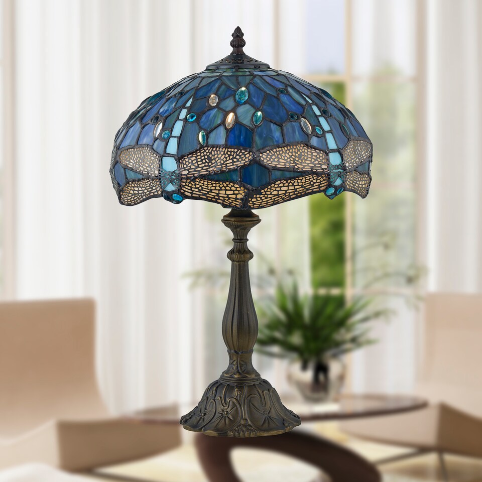 image 1 of Set of 2 Beaumont - Tiffany Dragonfly Coloured Glass 47cm Table Lamps