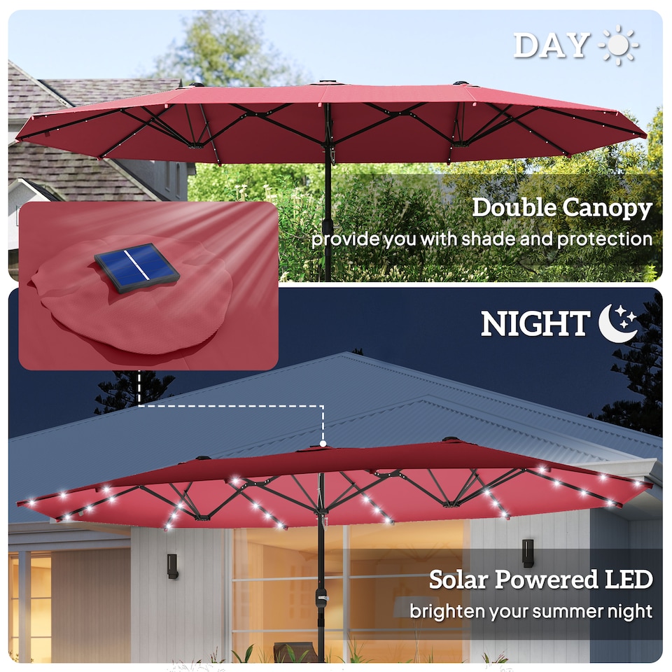 image 1 of Outsunny 4.4m DoubleSided Sun Umbrella Garden Parasol Patio Sun Shade Outdoor with LED Solar Light, NO BASE INCLUDED, Wine Red