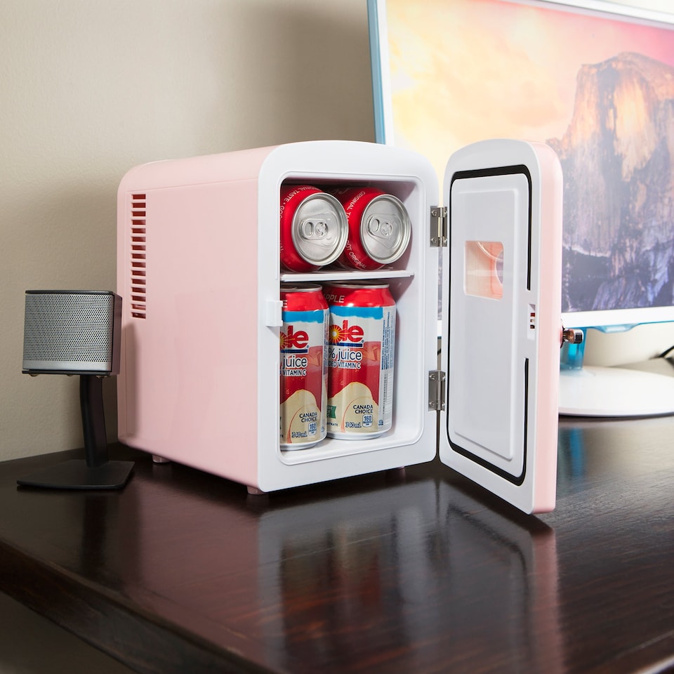 image 1 of Koolatron 4L Retro Portable Mini Fridge 12V DC 230V 6 Can Cooler Pink