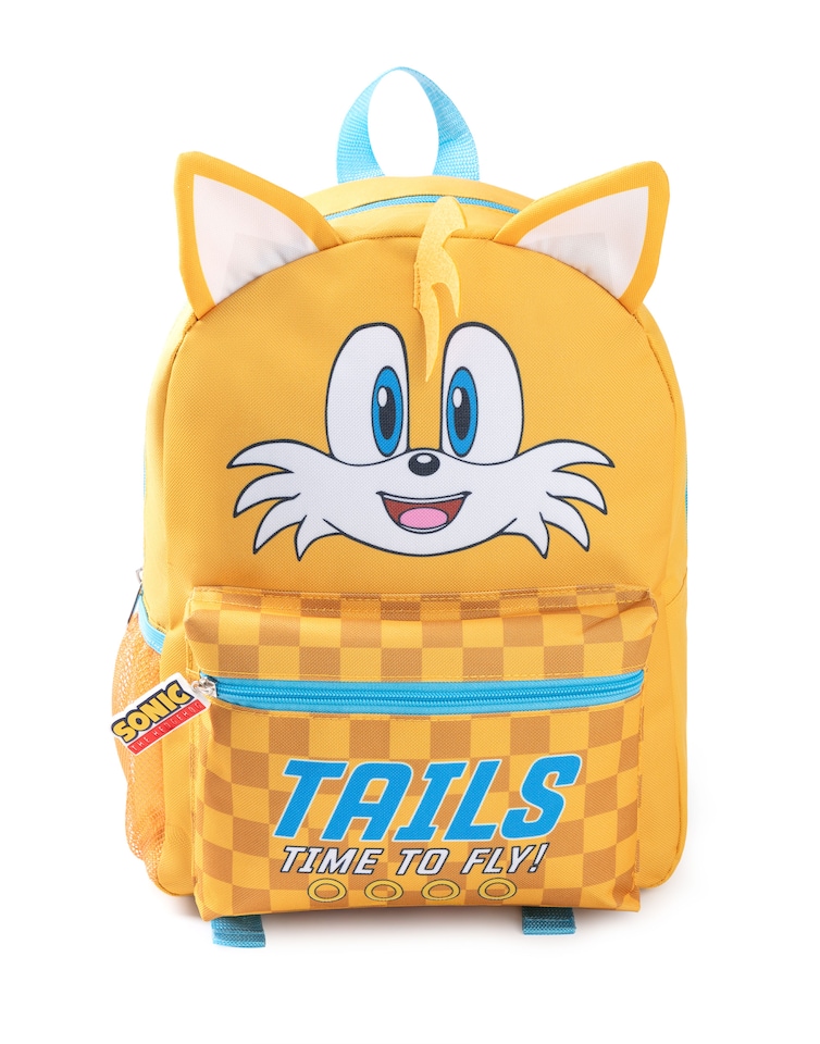 image 1 of Sonic the Hedgehog Kids 3D Tails Backpack - Yellow 'Time To Fly' Character Bag with Checkered Front Pocket - Zip Closure School Bag for Boys & Girls - Sonic Merch Rucksack | Yellow | Yellow