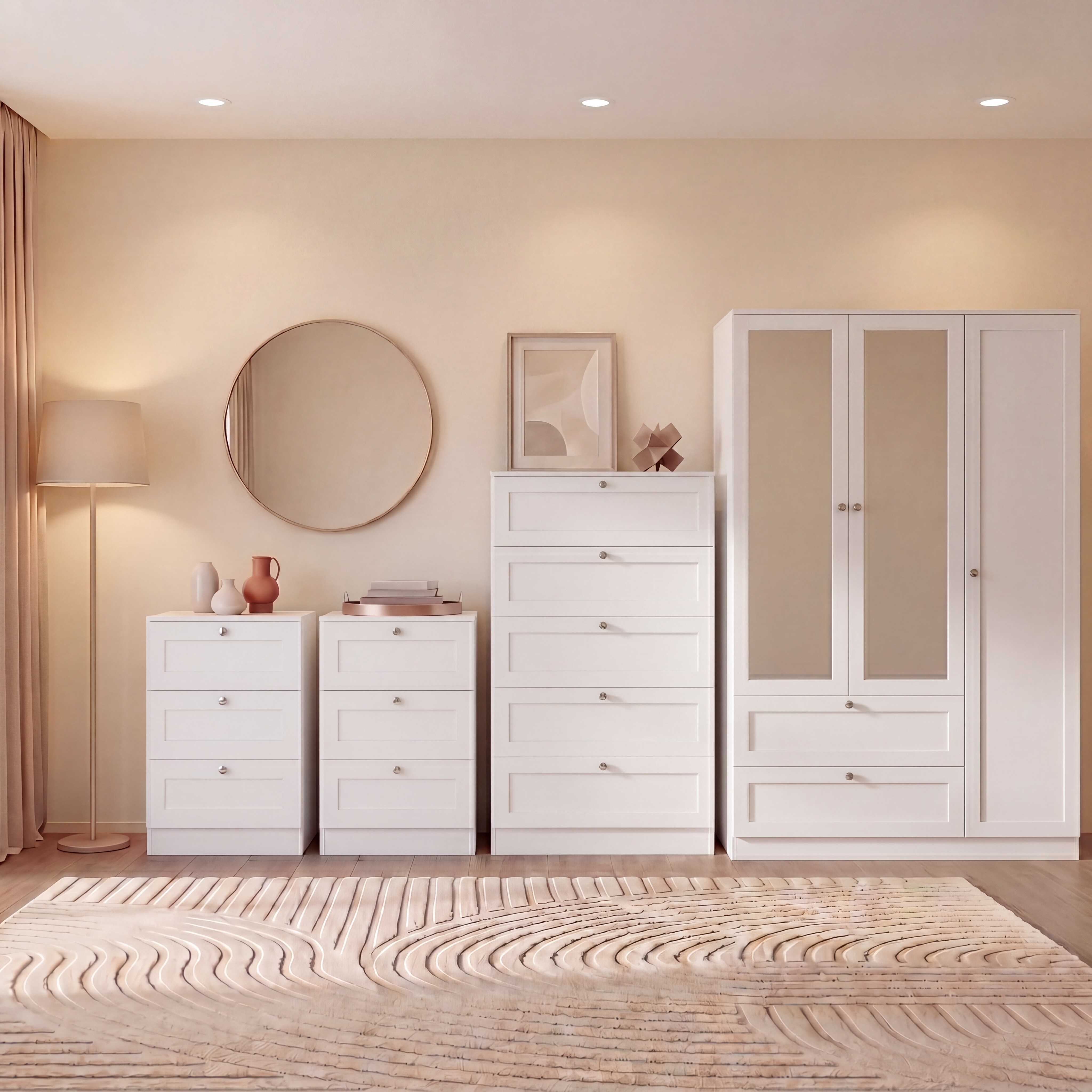 Vida Designs Altino 4 Piece Bedroom Set (2x 3 Drawer Bedside, 5 Drawer Chest, 3 Door 2 Drawer Mirrored Wardrobe), White
