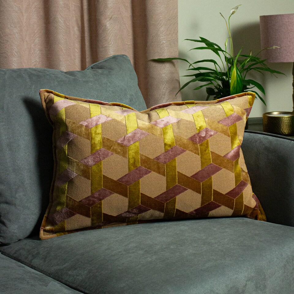image 1 of Paoletti Delano Velvet Jacquard Cushion, Ochre/Blush, 40 x 60cm