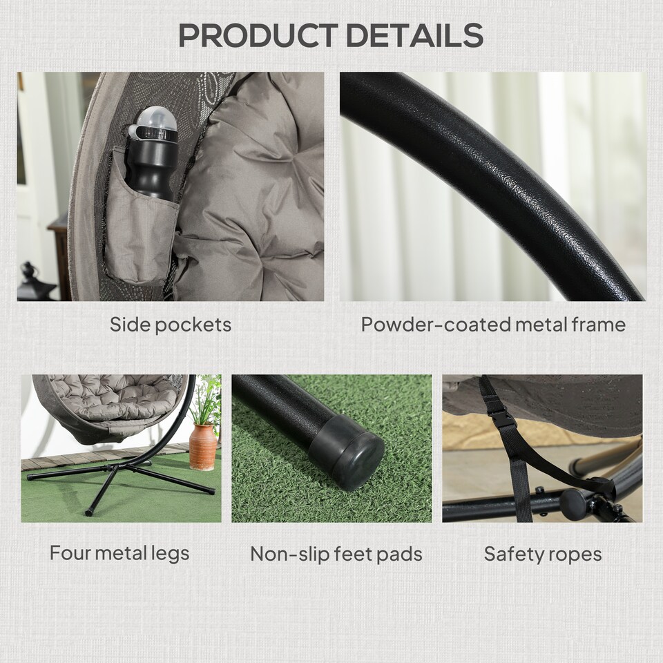 image 1 of Outsunny Outdoor Hanging Chair, Swing Chair with Metal Stand, Thick Padded Cushion, Foldable Basket and Side Pocket, for Indoor and Outdoor, Sand | Brown