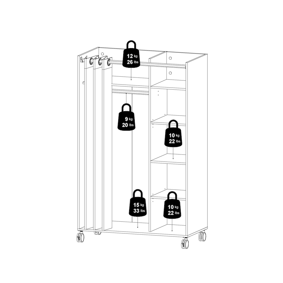 image 1 of Uppsala Open Mobile Wardrobe Unit in White with a Beige Textile Curtain on Wheels