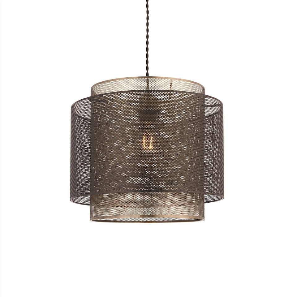 image 1 of Plexus 25cm Cylindrical Pendant Matt Black Paint, Antique Brass Mesh , E27