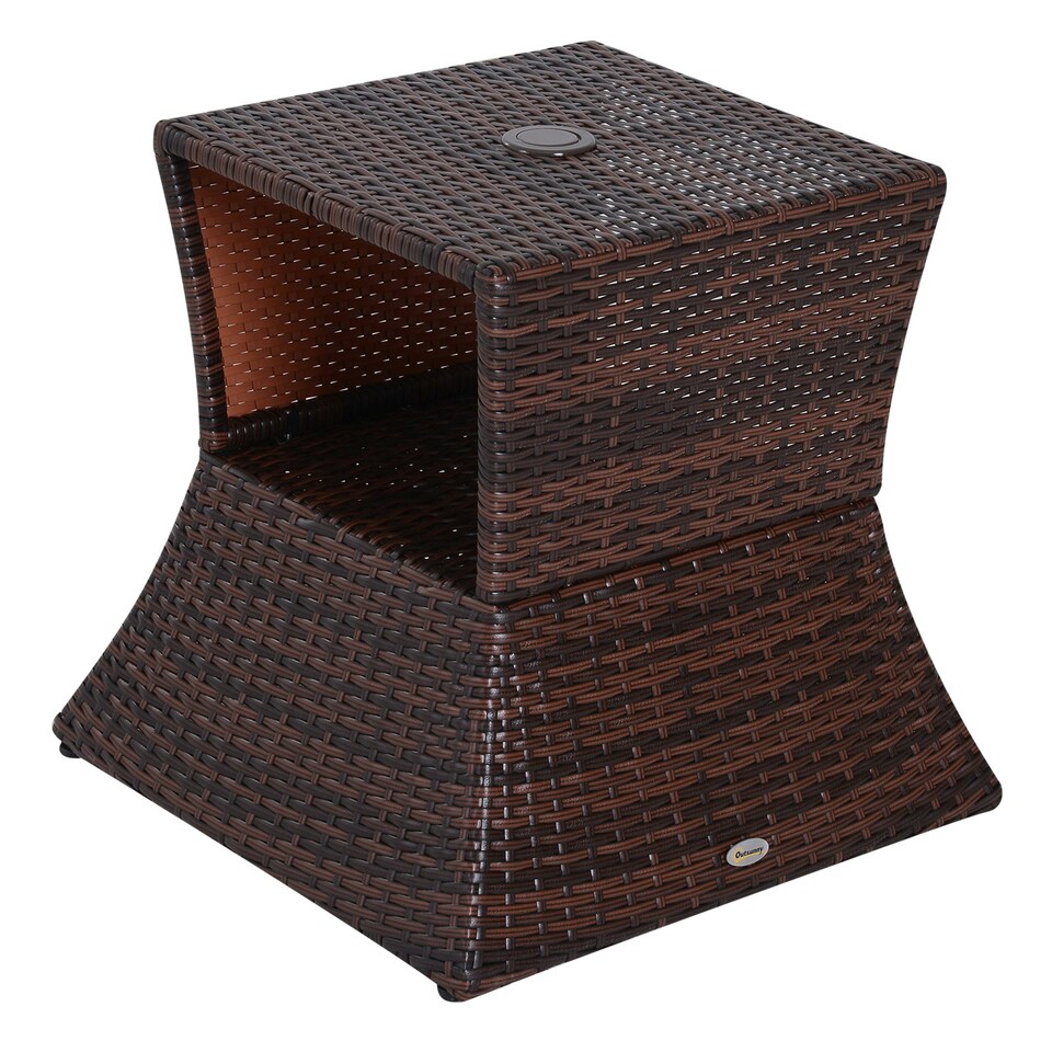 image 1 of Outsunny Rattan Wicker Tea Coffee Table w/ Umbrella Hole Storage Space Brown
