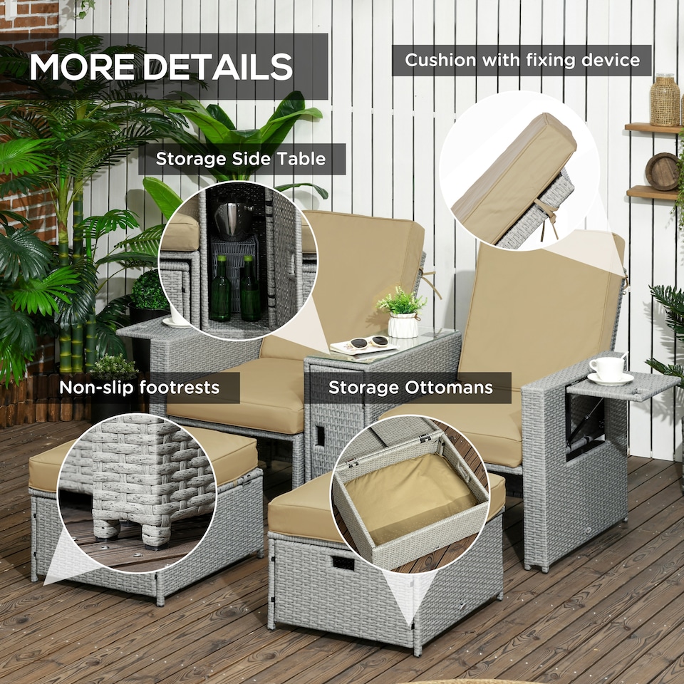 image 1 of Outsunny Recliner Rattan Sun Lounger w/ Storage Tea Table & Footstools, Beige