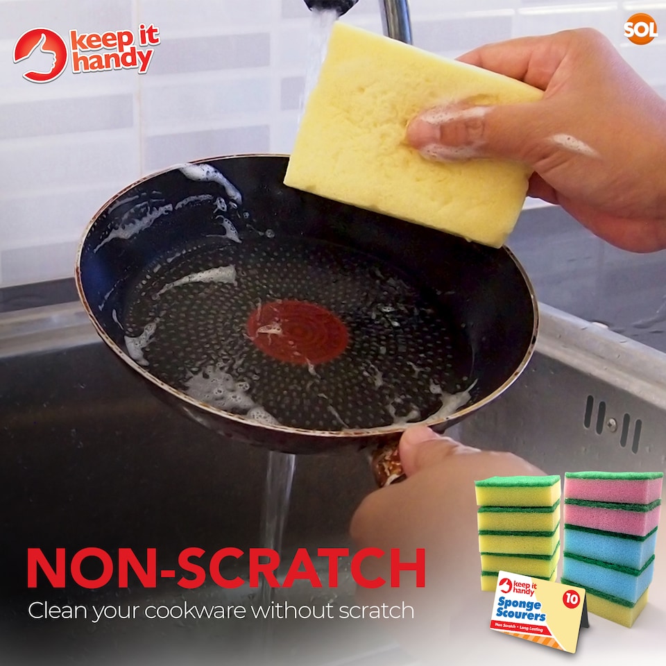 image 1 of 10pk Small Sponge Scourers - Blue, Pink and Yellow Kitchen Cleaning