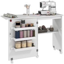HOMCOM Folding Sewing Table Rolling Craft Table with Drop Leaf Wheels White | White