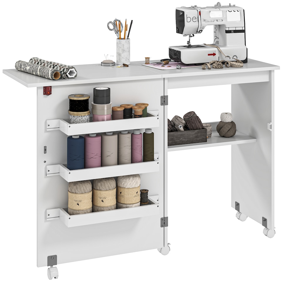 image 1 of HOMCOM Folding Sewing Table Rolling Craft Table with Drop Leaf Wheels White | White