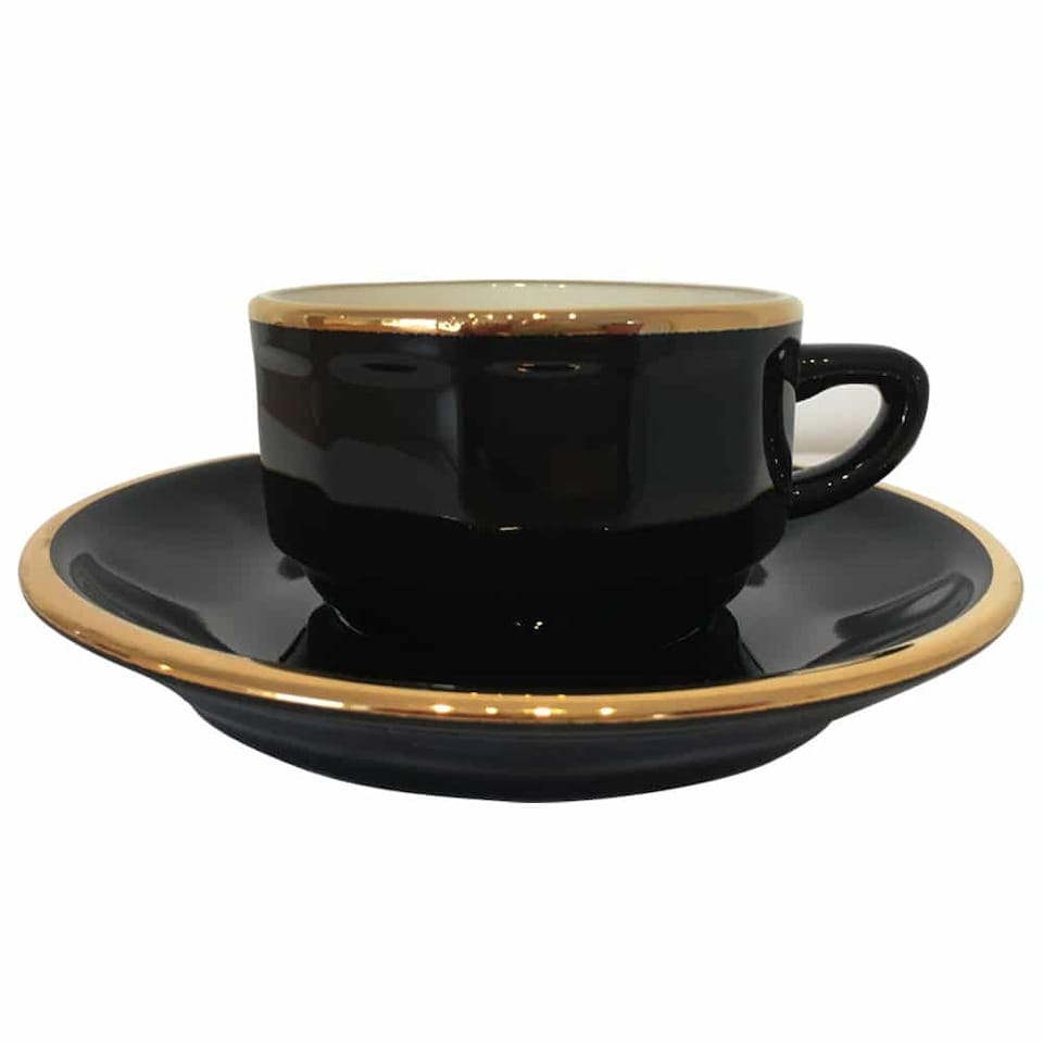Tea Cup and Saucer: 1 x 150ml Apilco Bistro Tea Cup and Saucer, Black with Gold Band