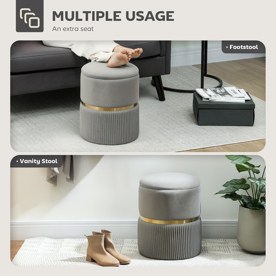 image 1 of HOMCOM Round Pouffe Storage Footstool with Hidden Space, Light Grey | Grey