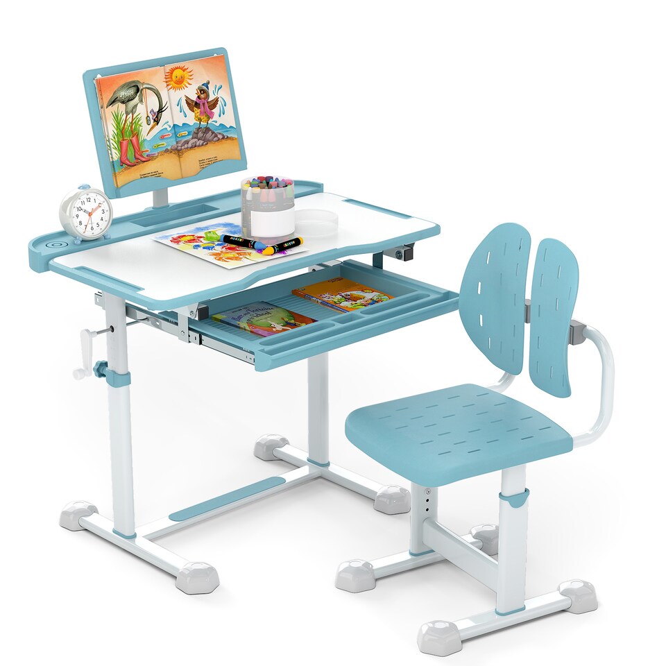 image 1 of COSTWAY Kids Study Desk & Chair Set Height-Adjustable Children Study Desk-Blue