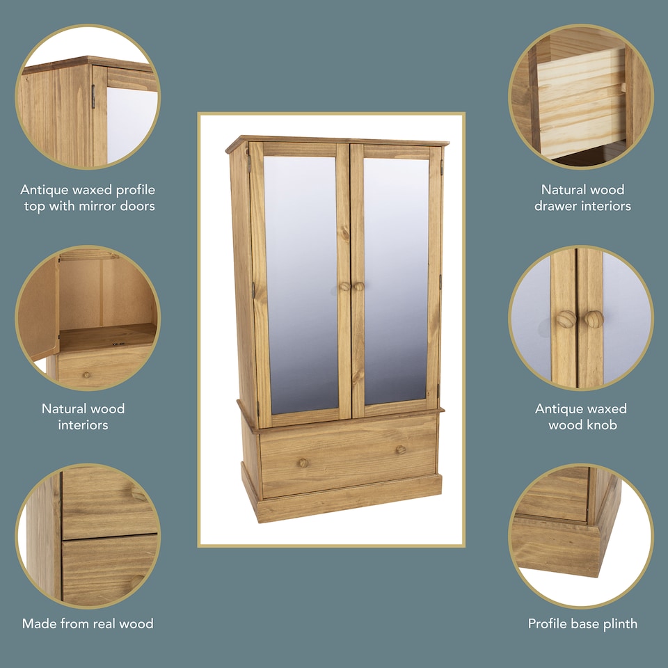 image 1 of Cotswold Wardrobe with 2 Mirrored Doors and Large Drawer in Antique Wax | Brown | Brown | One Size | 1