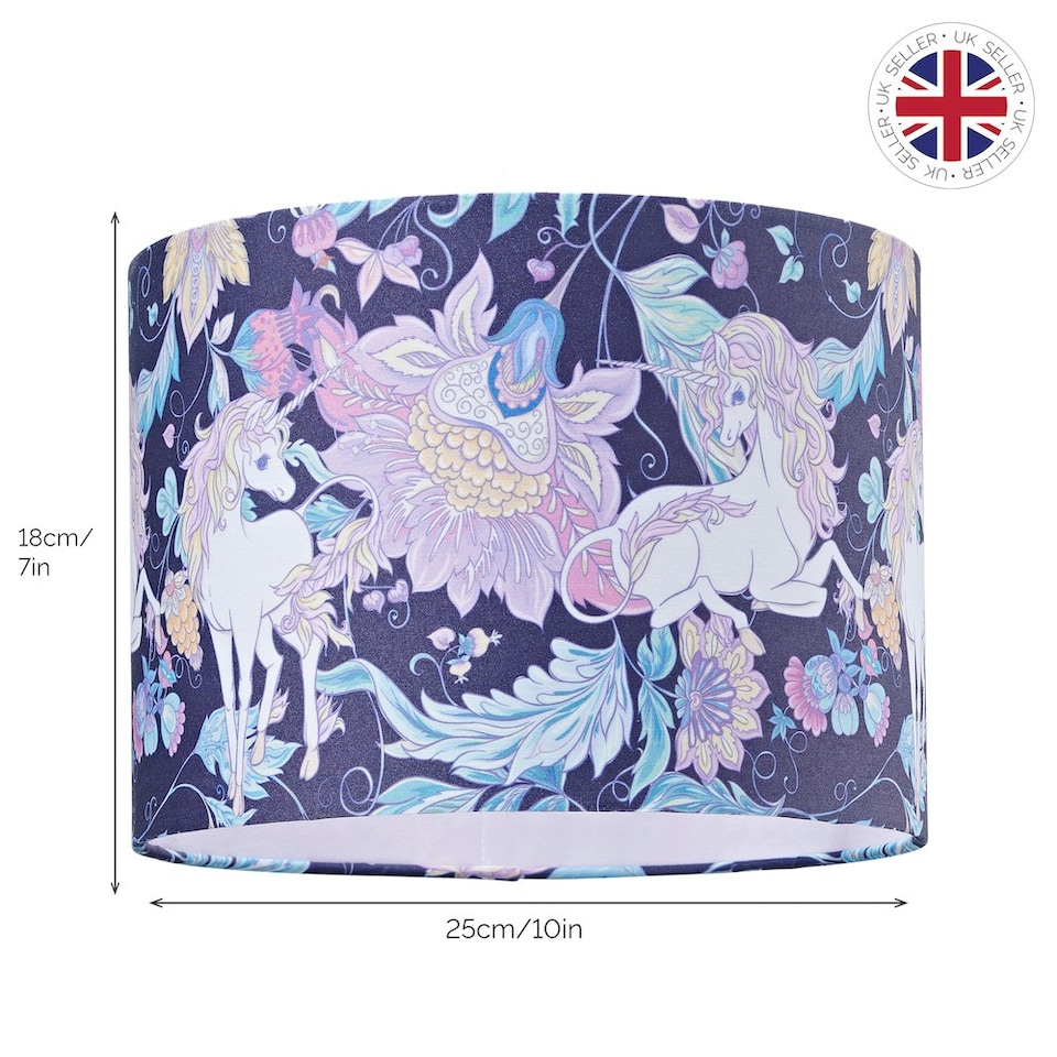 image 1 of Feminine Purple & Pink Cotton 10" Shade with Elegant Unicorns and Green Flowers