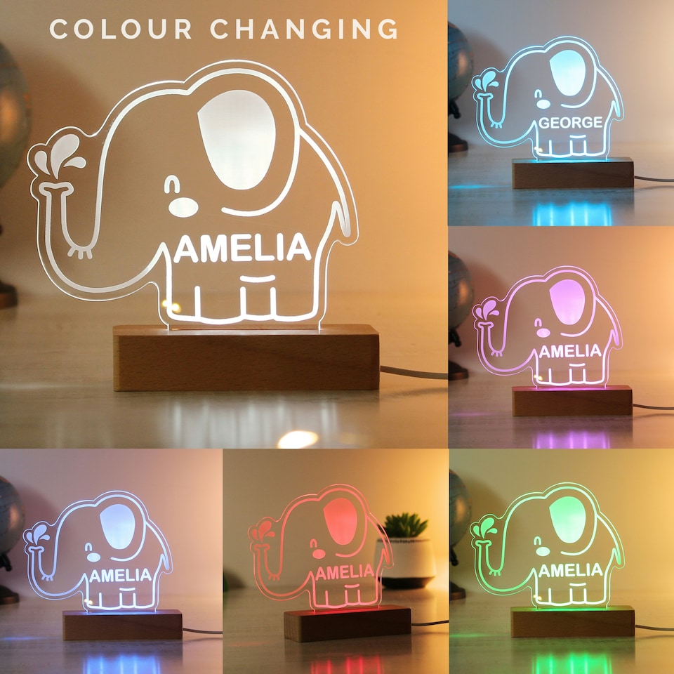 image 1 of Personalised Elephant Wooden Based LED Light