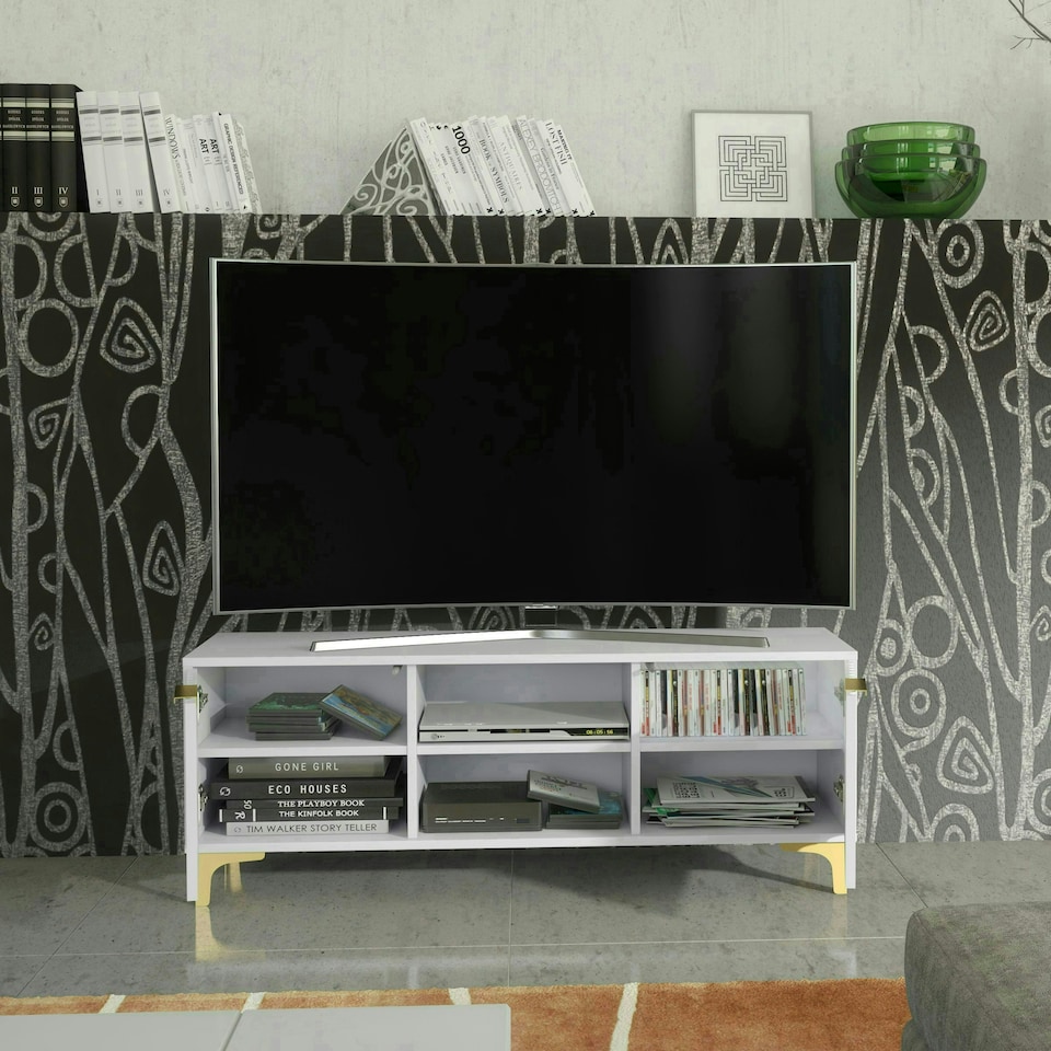 image 1 of Bold TV unit 120cm white ribbed fronts gold accents | White | One Size | 1