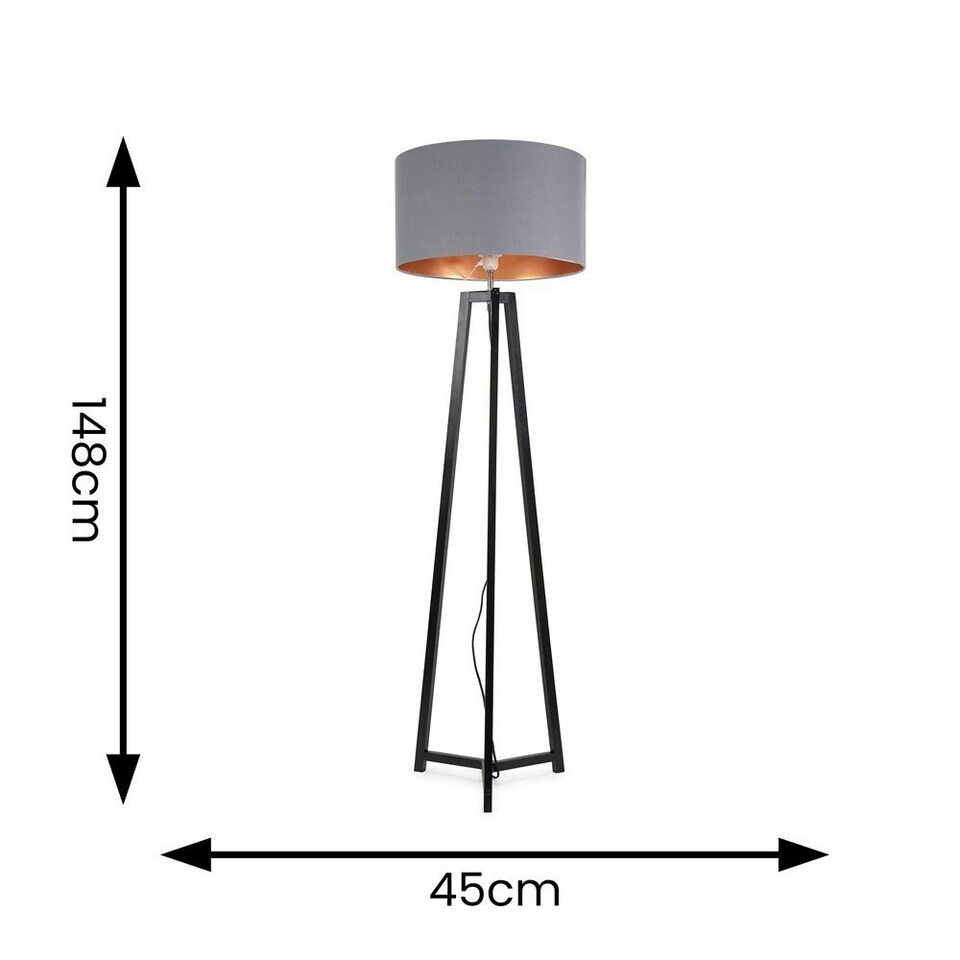 image 1 of ValueLights Lottie Black Wood Tripod Floor Lamp with Grey and Gold Drum Shade | Grey