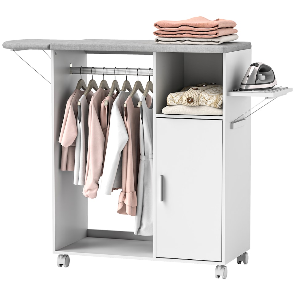 image 1 of HOMCOM Rolling Ironing Board Cabinet, Foldable Ironing Station with Storage