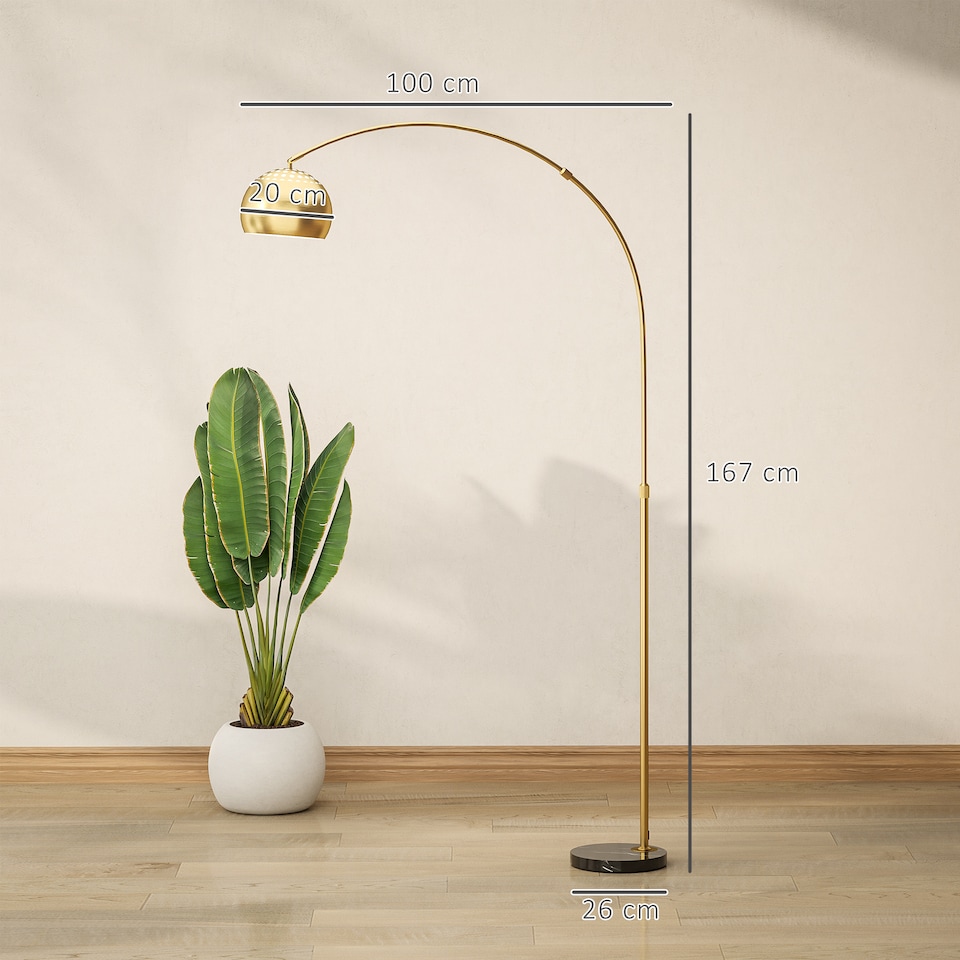 image 1 of HOMCOM 167cm Arc Floor Lamp for Living Room, Modern Adjustable Standing Lamp with Foot Switch, Faux Black Marble Base and Bell Shade for Home Offices, Bedrooms, Gold Tone | Gold
