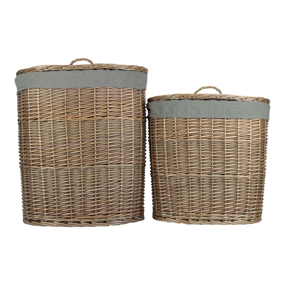 image 1 of Set of 2 Antique Wash Grey Cotton Lined Oval Willow Laundry Basket