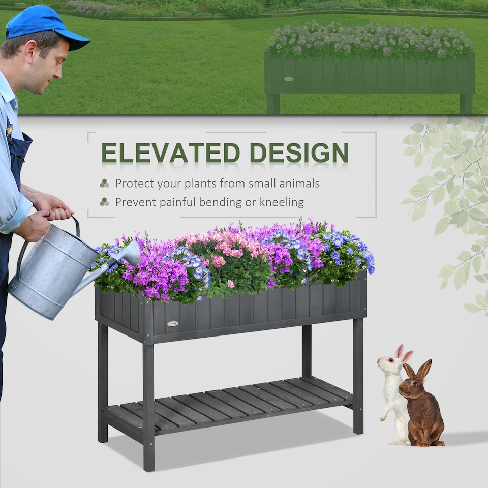 image 1 of Outsunny Wooden Herb Planter Stand 8 Cubes Bottom Shelf Raised Bed Dark Grey | Grey | Dark Grey